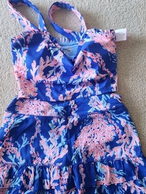 Lilly Pulitzer Light Blue with Coral & Navy Floral Trim Active Top And Bottom